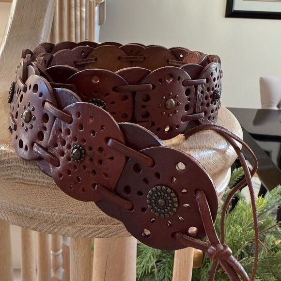 Fossil Dark Brown Leather Concho Western Studded Boho Front Tie Belt L - Picture 14 of 16